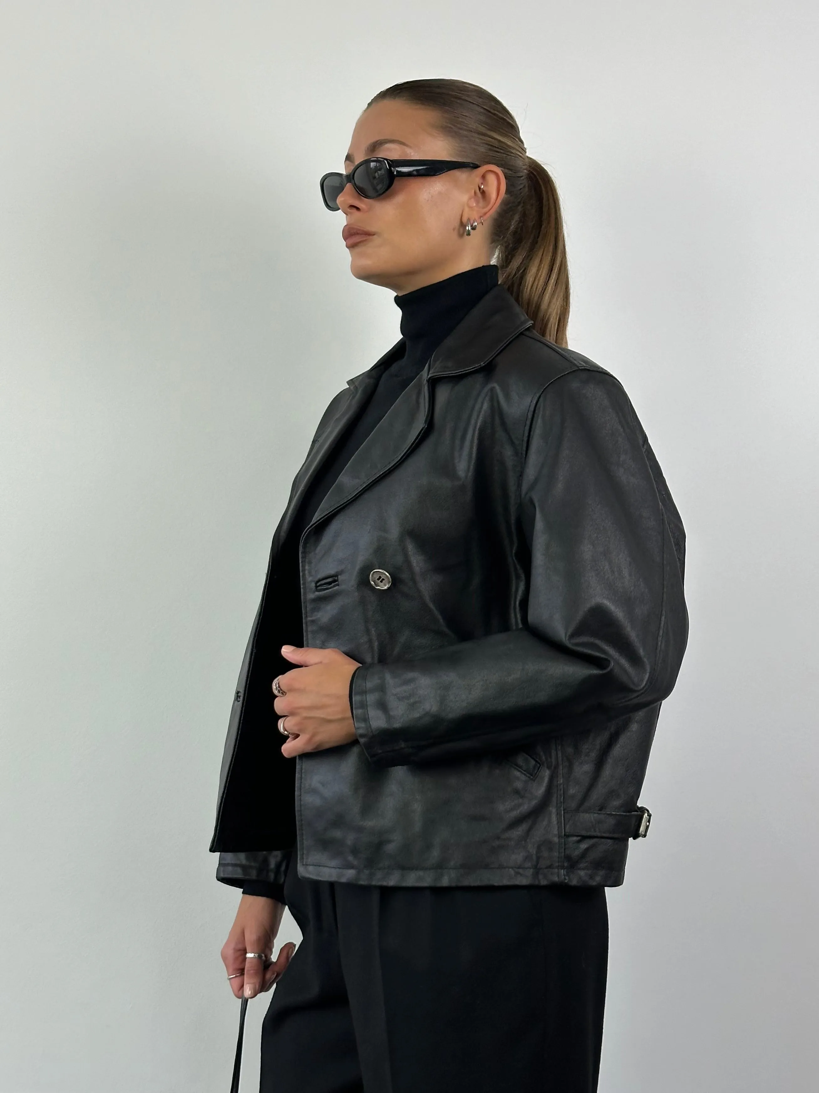 Italian Vintage Cropped Double Breasted Leather Jacket - M