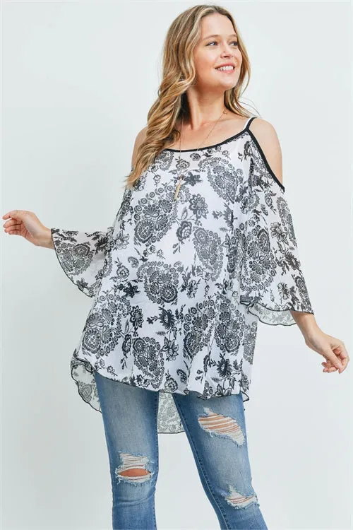 Ivory Paisley Print Cold Shoulder Tunic Top