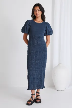 Jade Petrol Shirred Cotton Puff Sleeve Ruched Maxi Dress