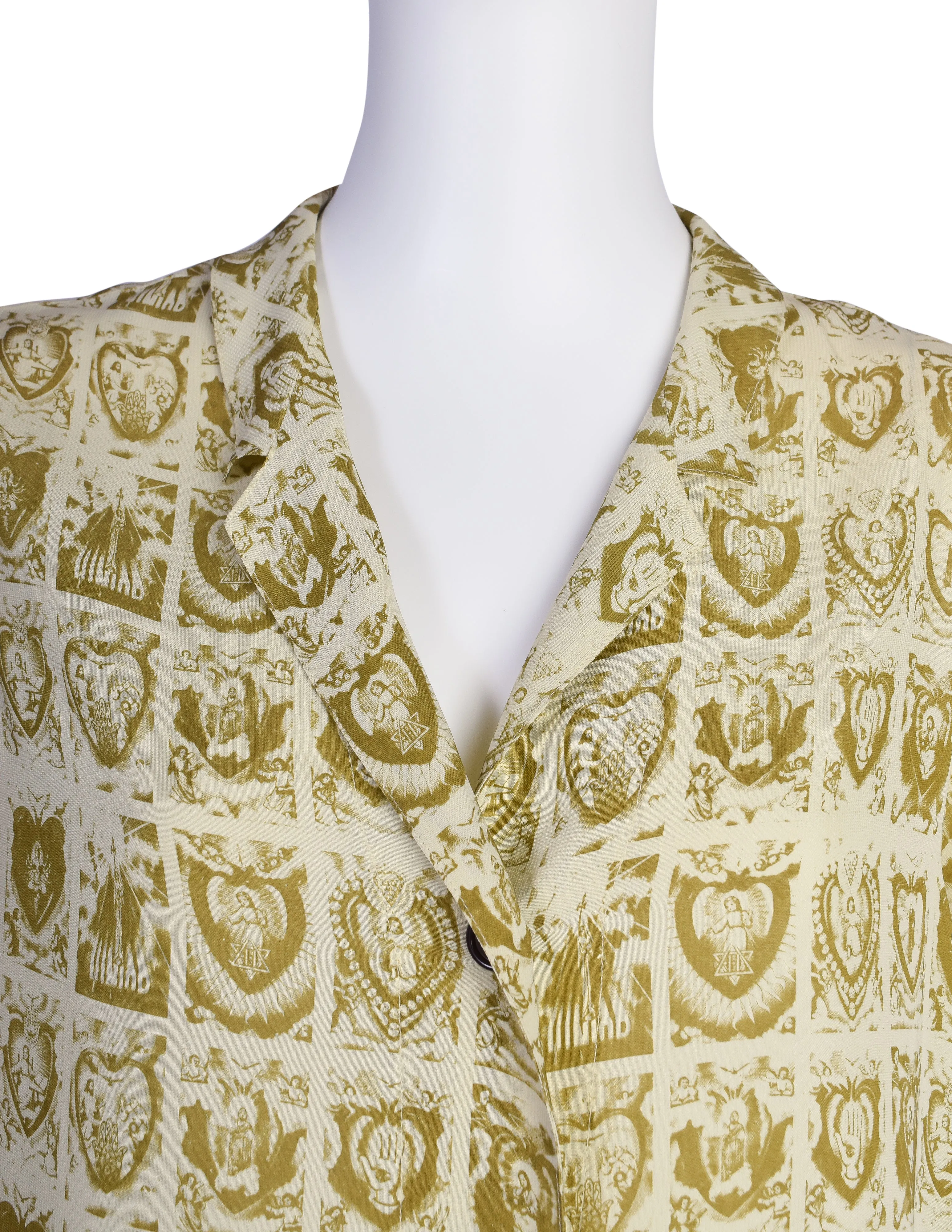 Jean Paul Gaultier Vintage 1980s Beige Green Sacred Heart Religious Print Button Up Long Tunic Top