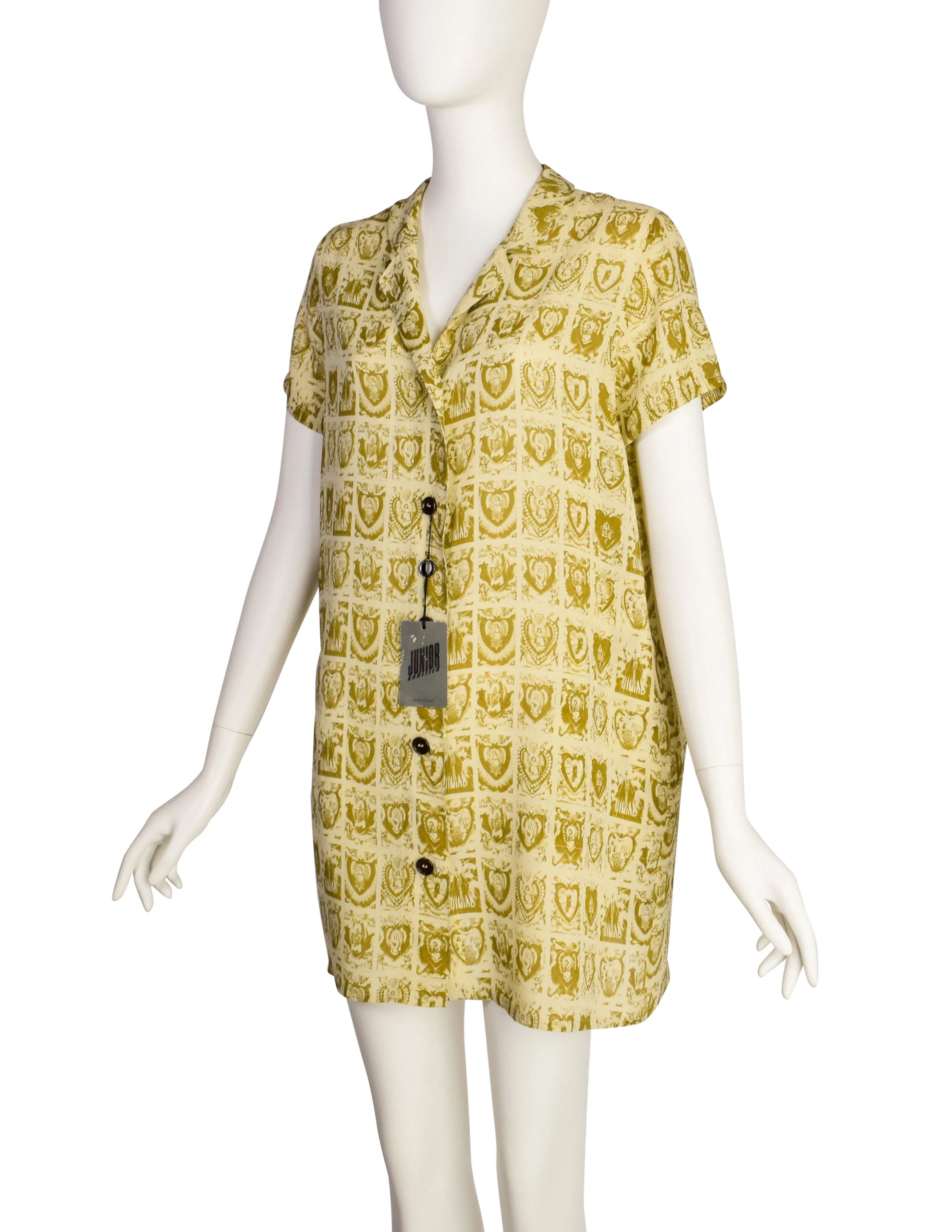 Jean Paul Gaultier Vintage 1980s Beige Green Sacred Heart Religious Print Button Up Long Tunic Top