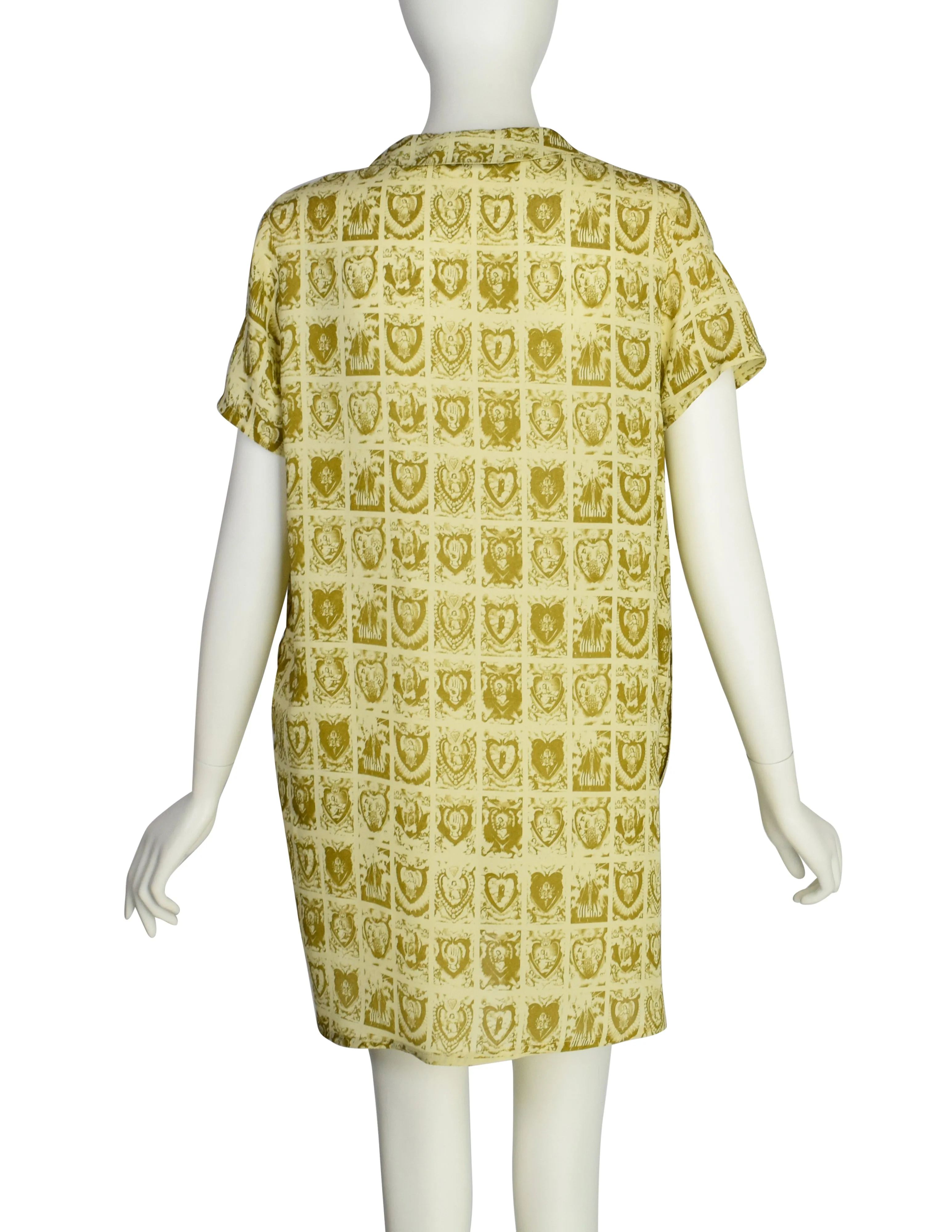 Jean Paul Gaultier Vintage 1980s Beige Green Sacred Heart Religious Print Button Up Long Tunic Top