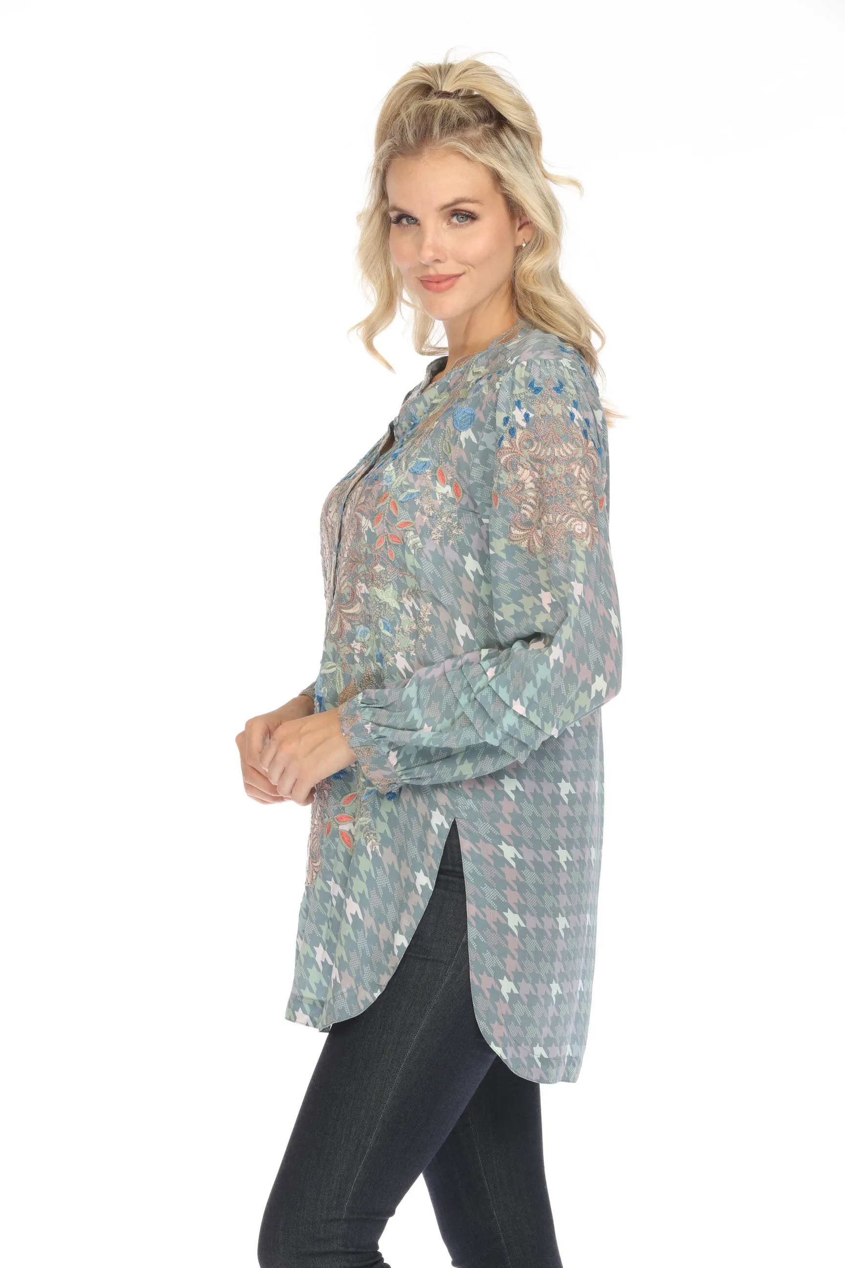 Johnny Was Biya Houndstooth Embroidered Tunic Blouse B23623A8 Boho Chic