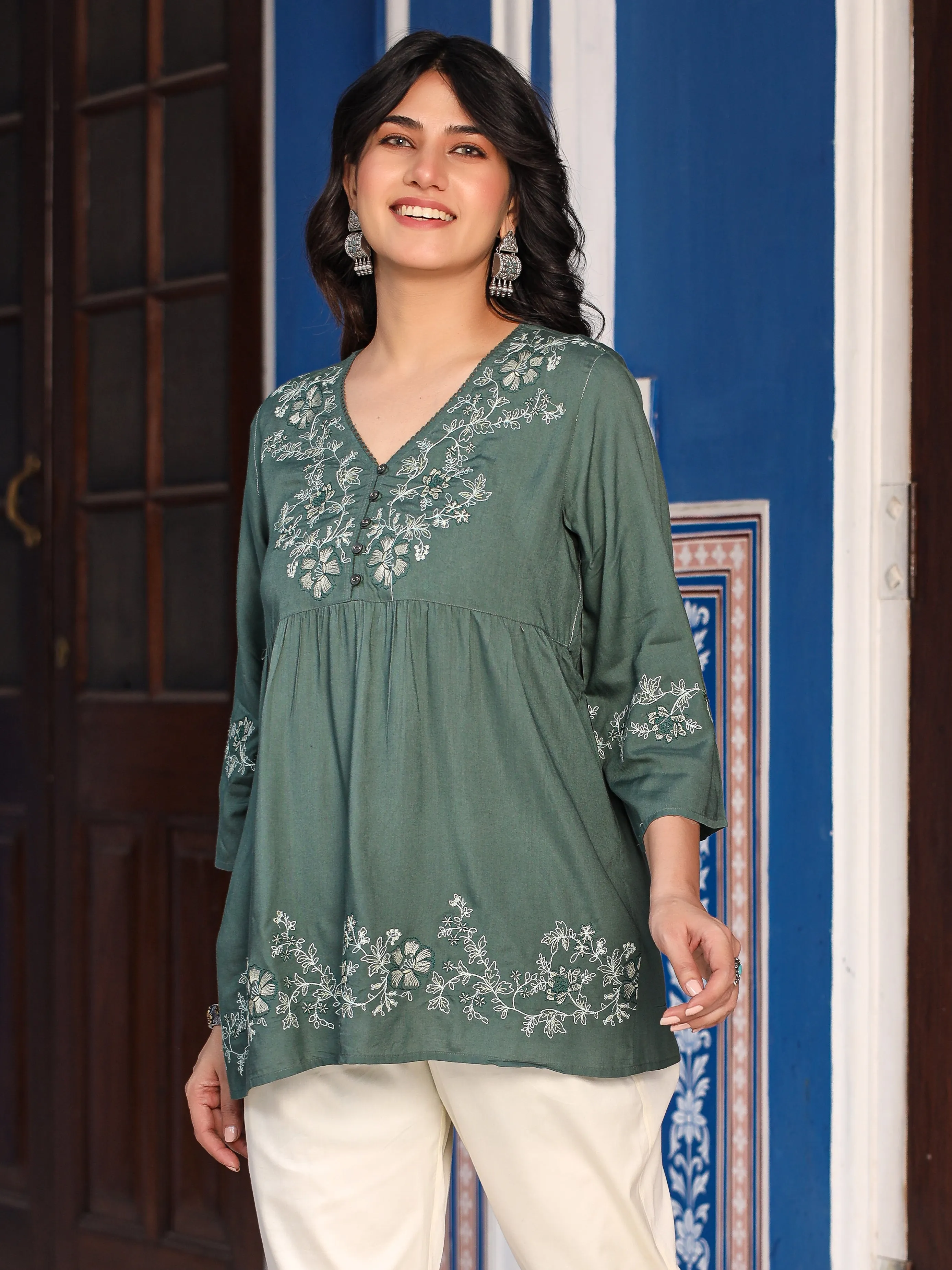 Juniper Green Modal Rayon Alia-Cut Embroidered Tunic