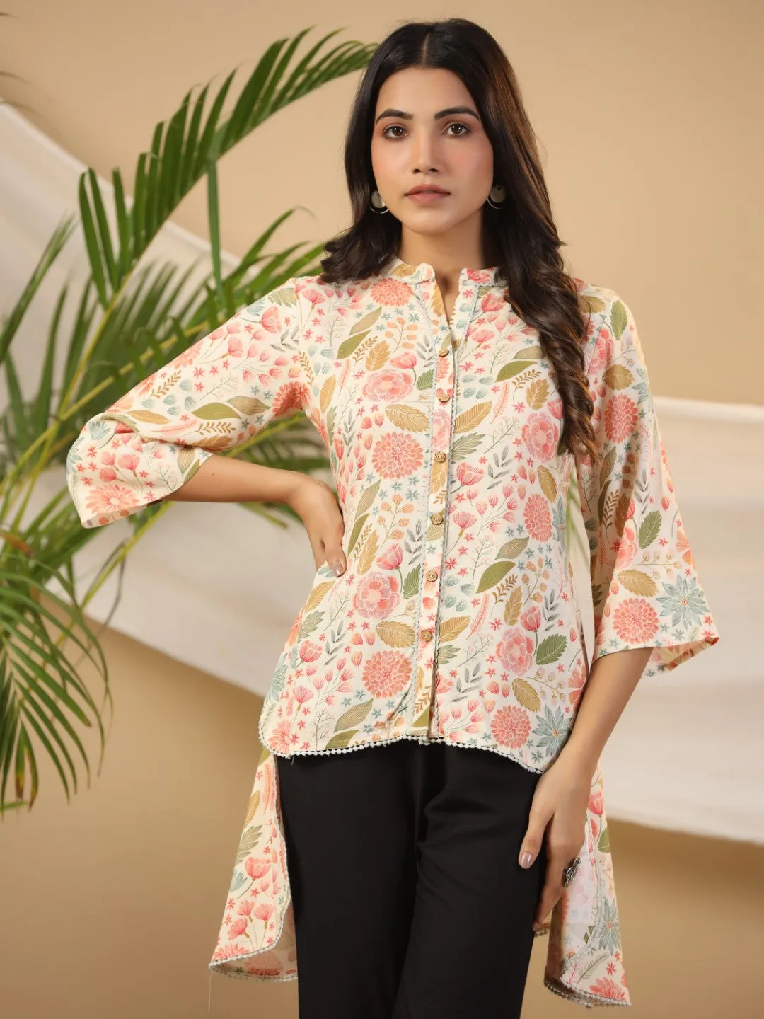 Juniper Ivory Floral Printed Rayon High-Low Tunic With Lace Work