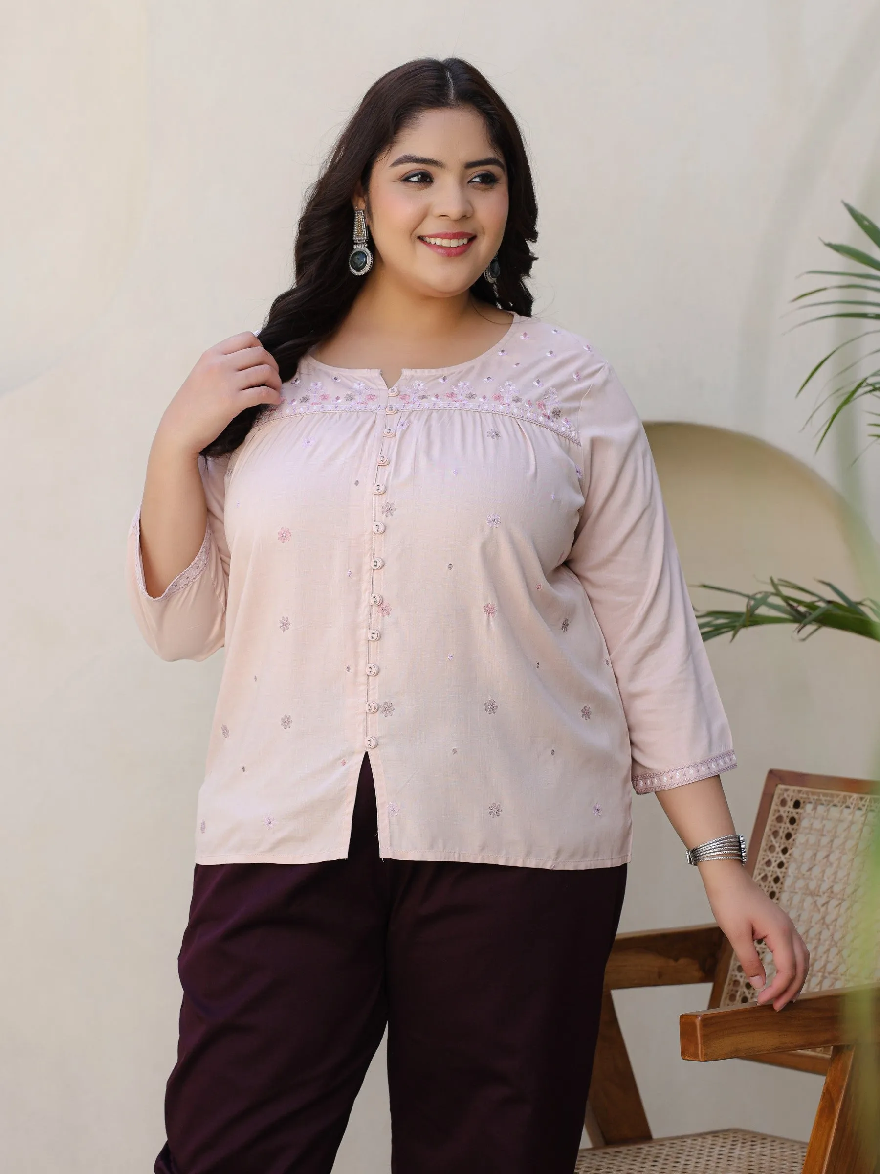 Juniper Nude Gathered Rayon Plus Size Tunic With Thread Embroidery