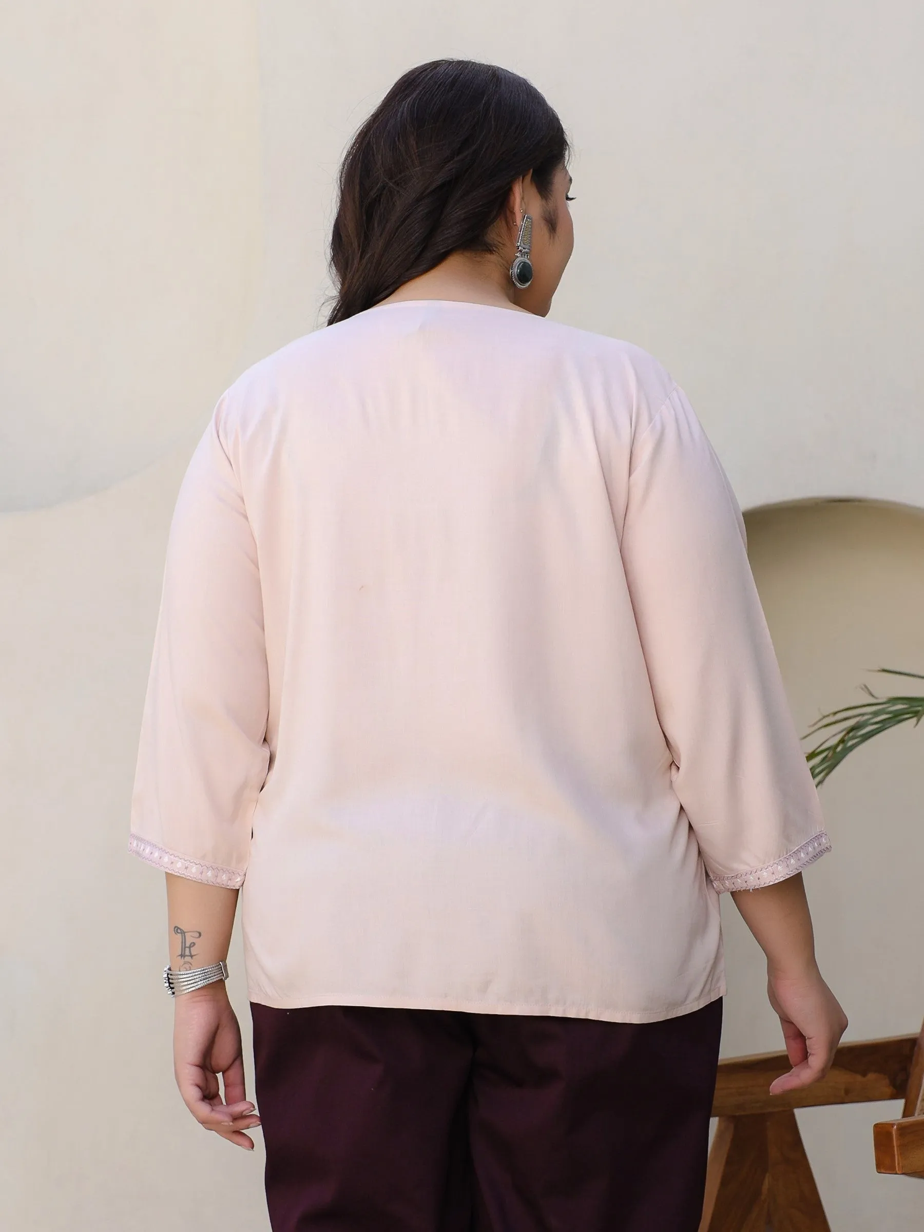 Juniper Nude Gathered Rayon Plus Size Tunic With Thread Embroidery