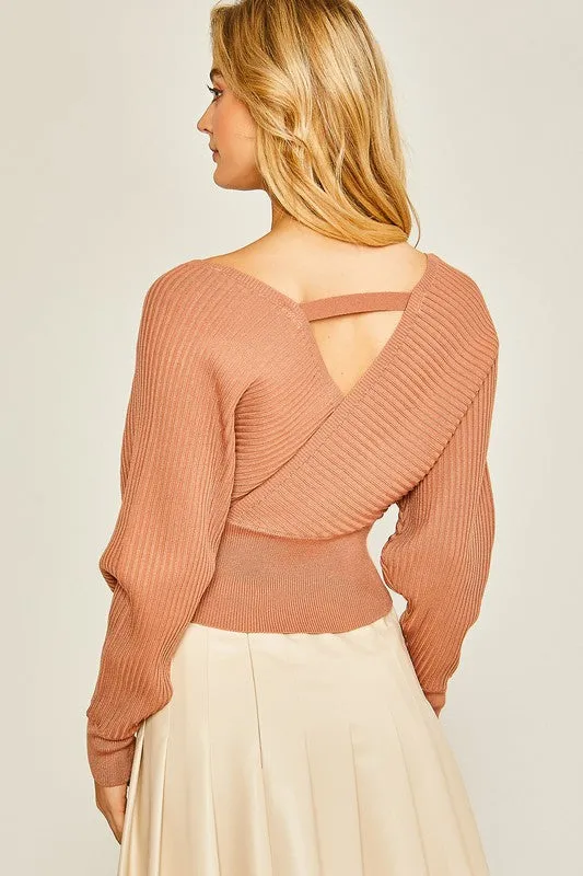 Khaki Surplice Neckline Ribbed Sweater