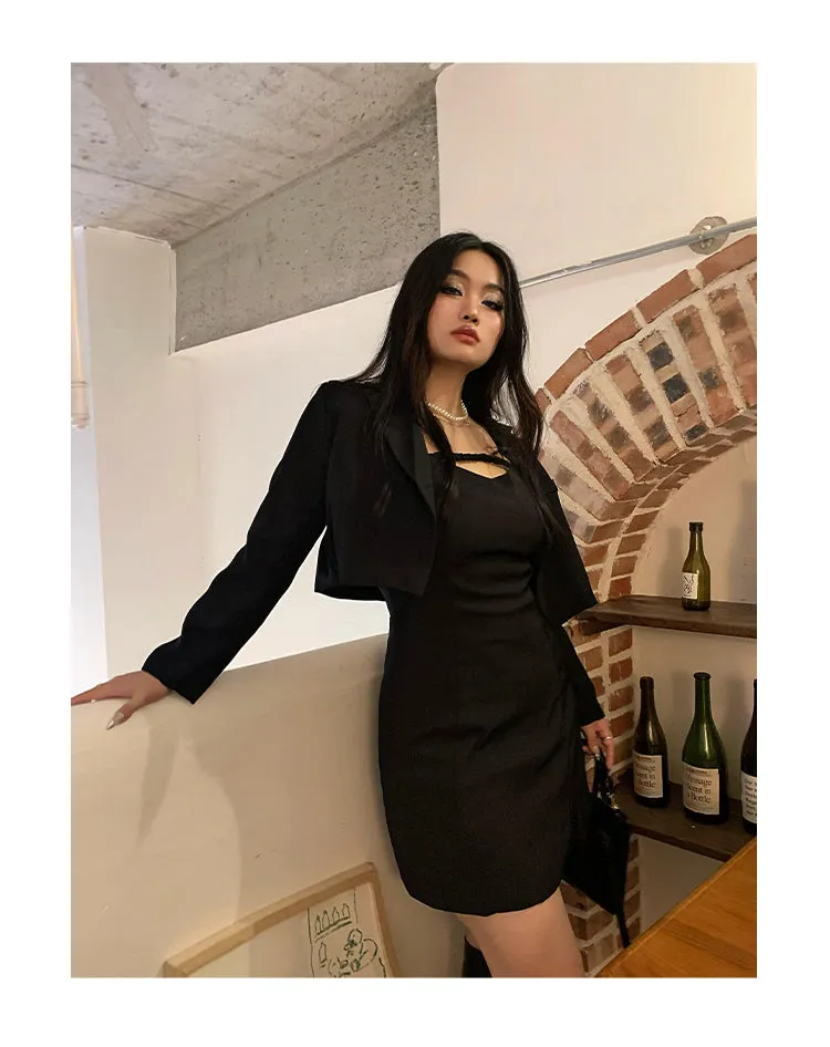 Kim Solid Color Black Spaghetti Straps Mini Dress Cropped Blazer Jacket Two Piece Matching Set