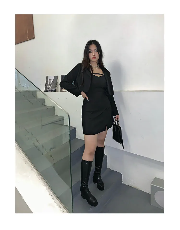 Kim Solid Color Black Spaghetti Straps Mini Dress Cropped Blazer Jacket Two Piece Matching Set