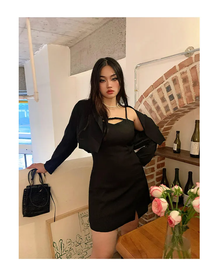 Kim Solid Color Black Spaghetti Straps Mini Dress Cropped Blazer Jacket Two Piece Matching Set