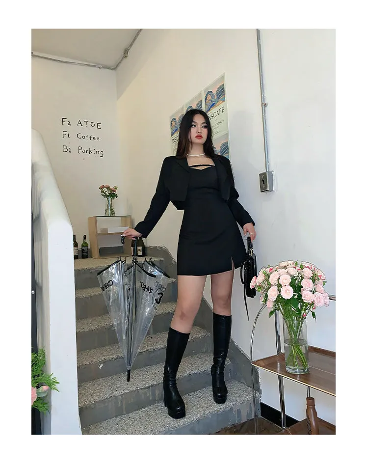 Kim Solid Color Black Spaghetti Straps Mini Dress Cropped Blazer Jacket Two Piece Matching Set