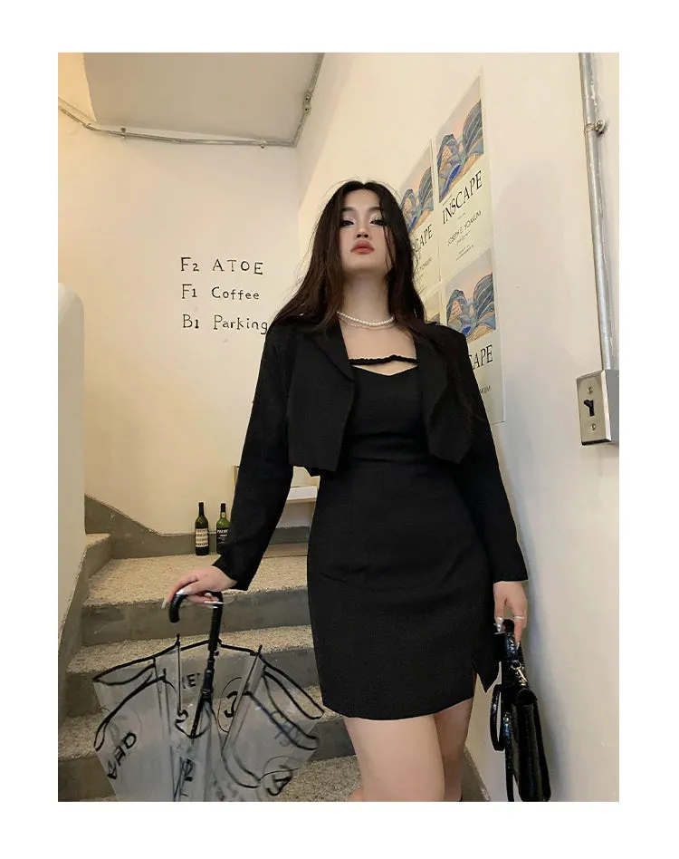 Kim Solid Color Black Spaghetti Straps Mini Dress Cropped Blazer Jacket Two Piece Matching Set