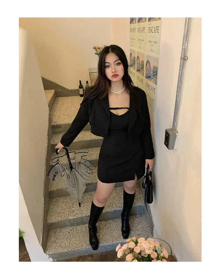 Kim Solid Color Black Spaghetti Straps Mini Dress Cropped Blazer Jacket Two Piece Matching Set