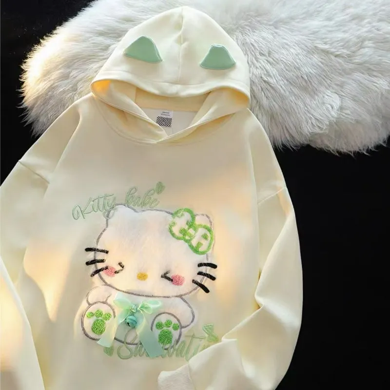 Kitty Embroidery Flocking Small Ears Hooded Sweater KI589