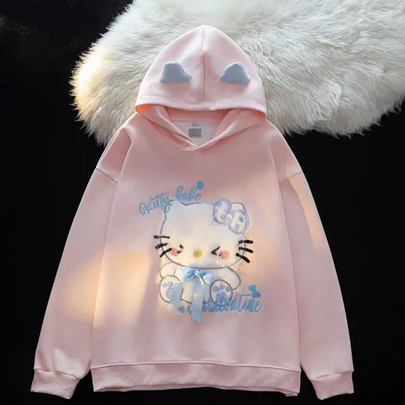 Kitty Embroidery Flocking Small Ears Hooded Sweater KI589