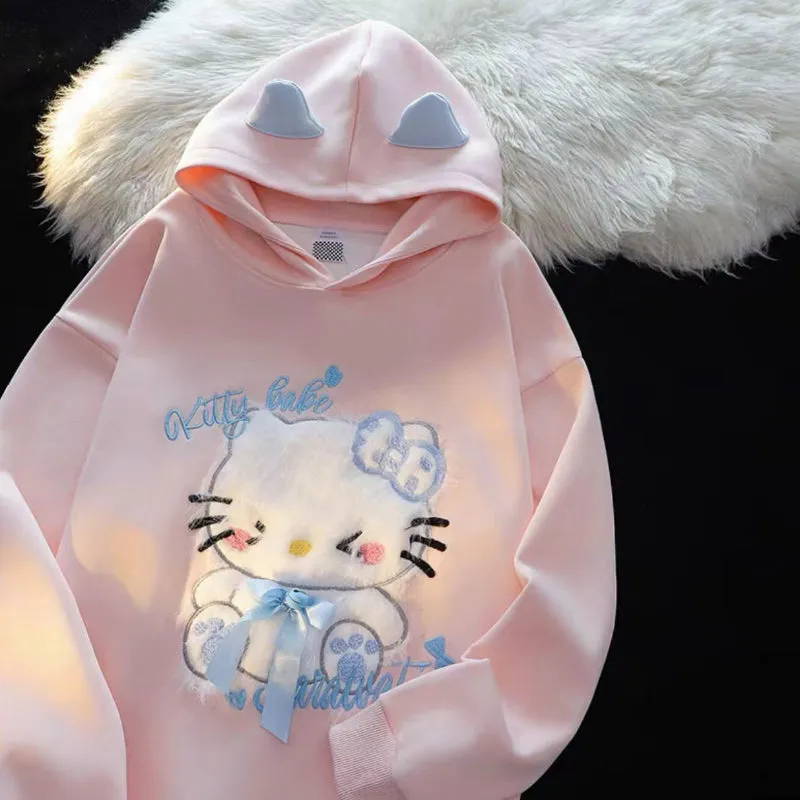 Kitty Embroidery Flocking Small Ears Hooded Sweater KI589