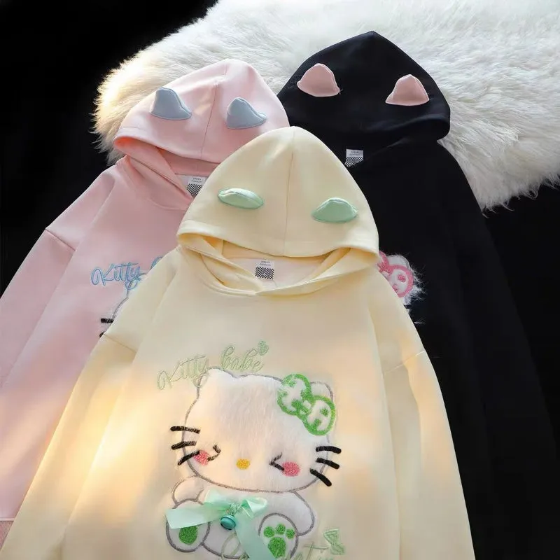 Kitty Embroidery Flocking Small Ears Hooded Sweater KI589