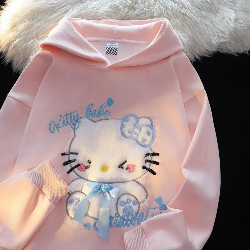 Kitty Embroidery Flocking Small Ears Hooded Sweater KI589