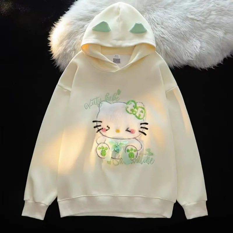 Kitty Embroidery Flocking Small Ears Hooded Sweater KI589