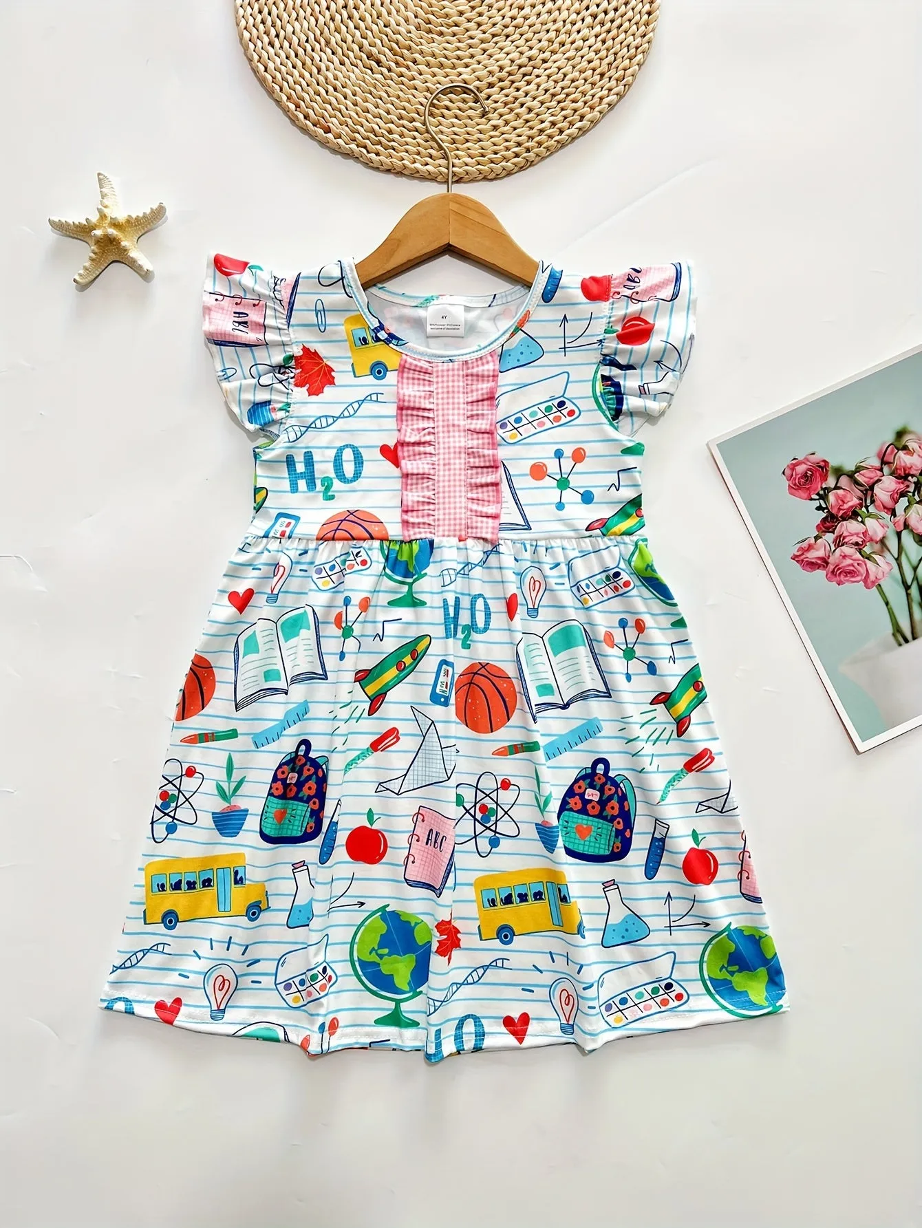 Knee-High A-Line Ruffle Sleeve Girls Casual Dress - Soft Medium Stretch Polyester Print Dress for Spring/Summer - Perfect School Element Print Gift for Little Girls