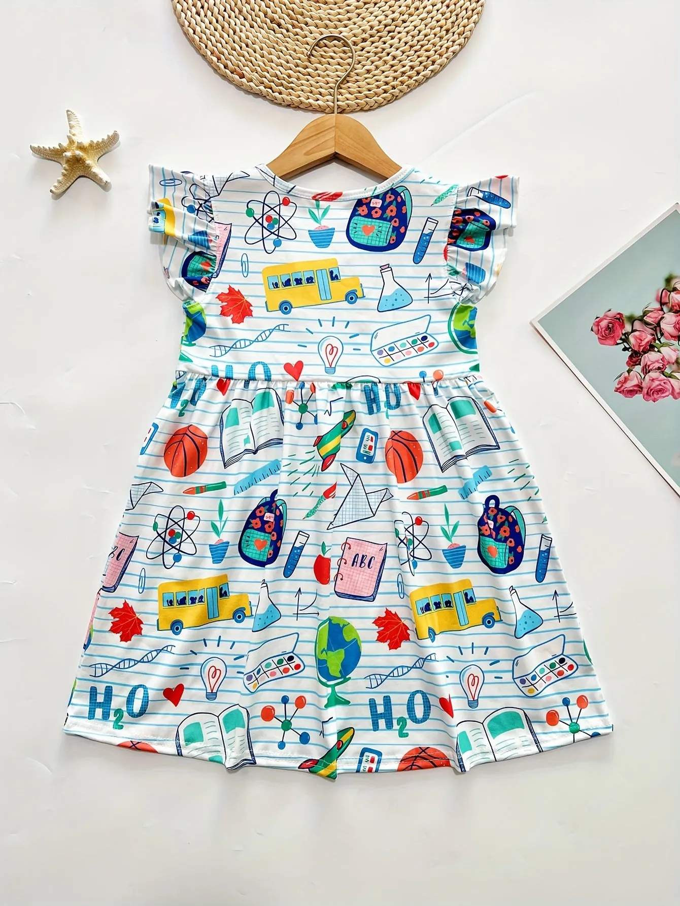 Knee-High A-Line Ruffle Sleeve Girls Casual Dress - Soft Medium Stretch Polyester Print Dress for Spring/Summer - Perfect School Element Print Gift for Little Girls