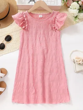 Knee High Ruffle Sleeve Elegant Dress for Teen Girls - Crew Neck, Solid Color, Slight Stretch, Polyester, Short Sleeve, Woven - Perfect Summer Holiday Gift