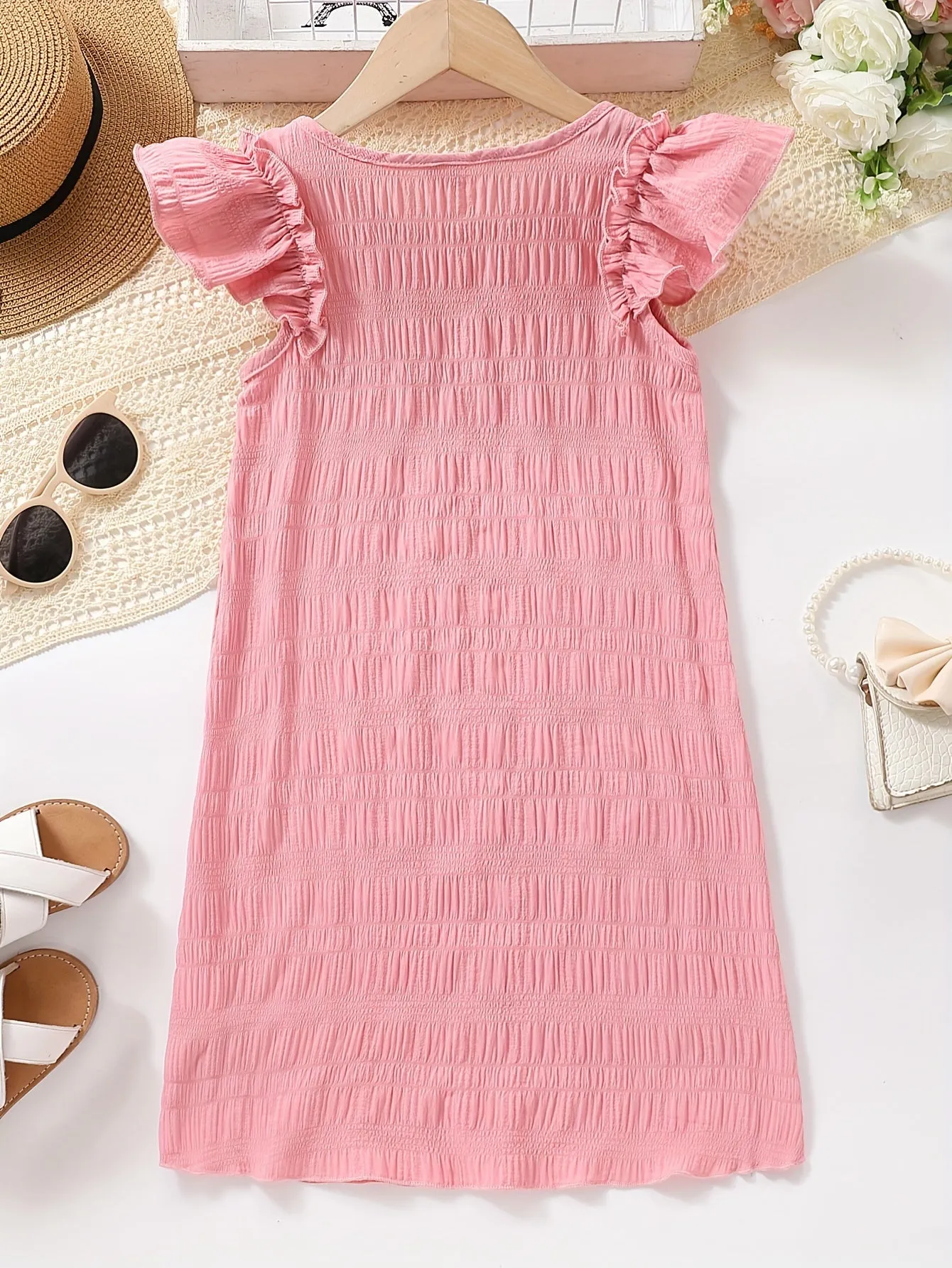 Knee High Ruffle Sleeve Elegant Dress for Teen Girls - Crew Neck, Solid Color, Slight Stretch, Polyester, Short Sleeve, Woven - Perfect Summer Holiday Gift