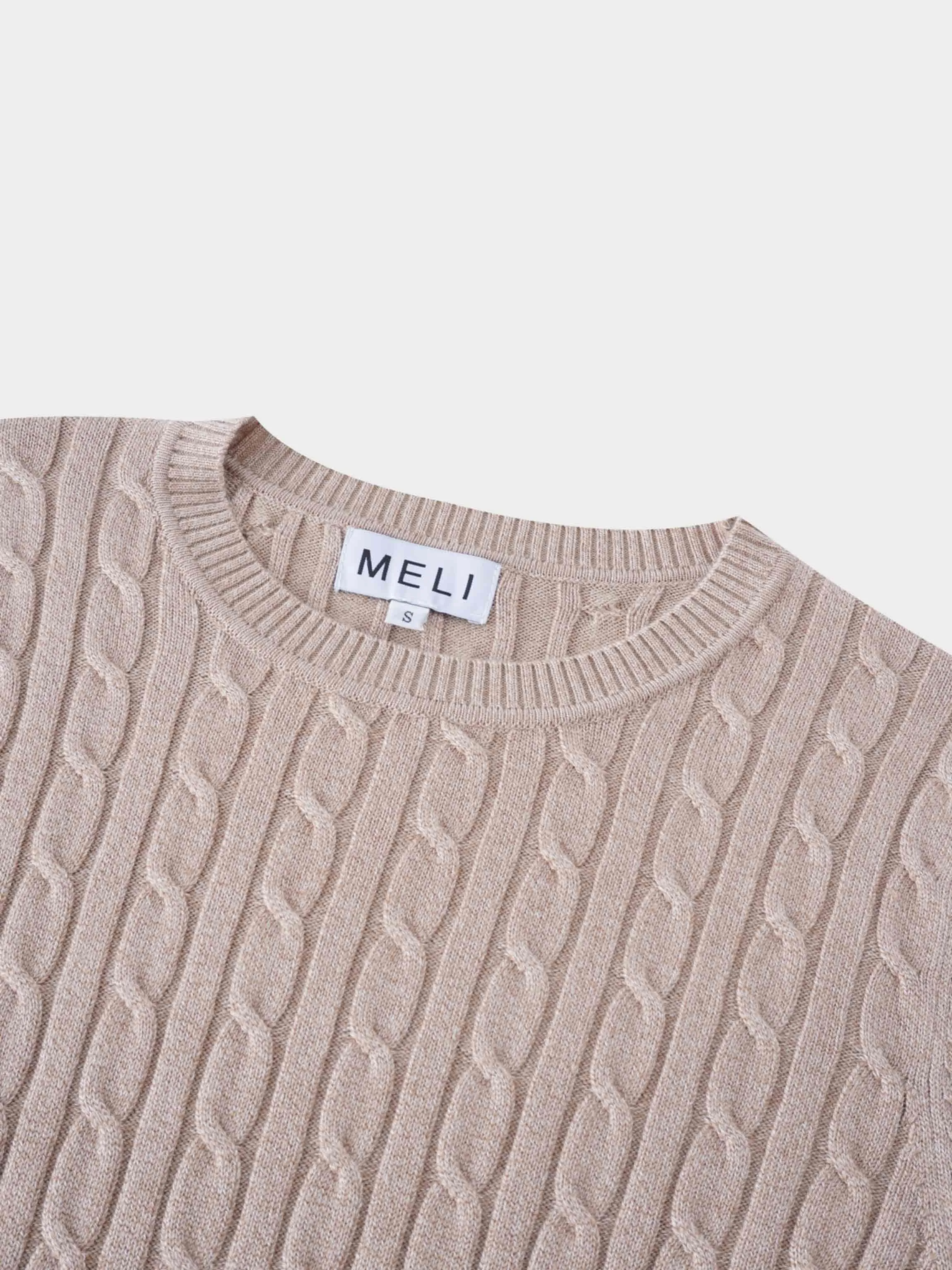 Knit Cable Sweater-Heathered Tan/Cream