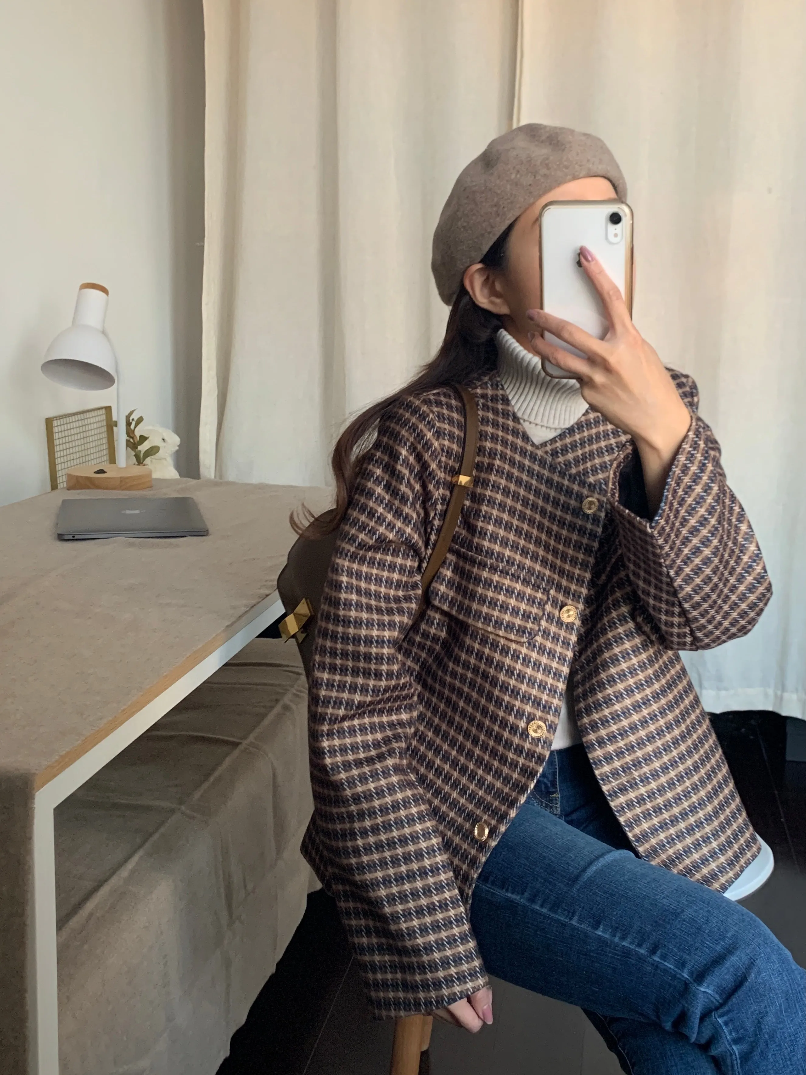 [Korean Style] Afia Collarless Check Patterned Cropped Jacket