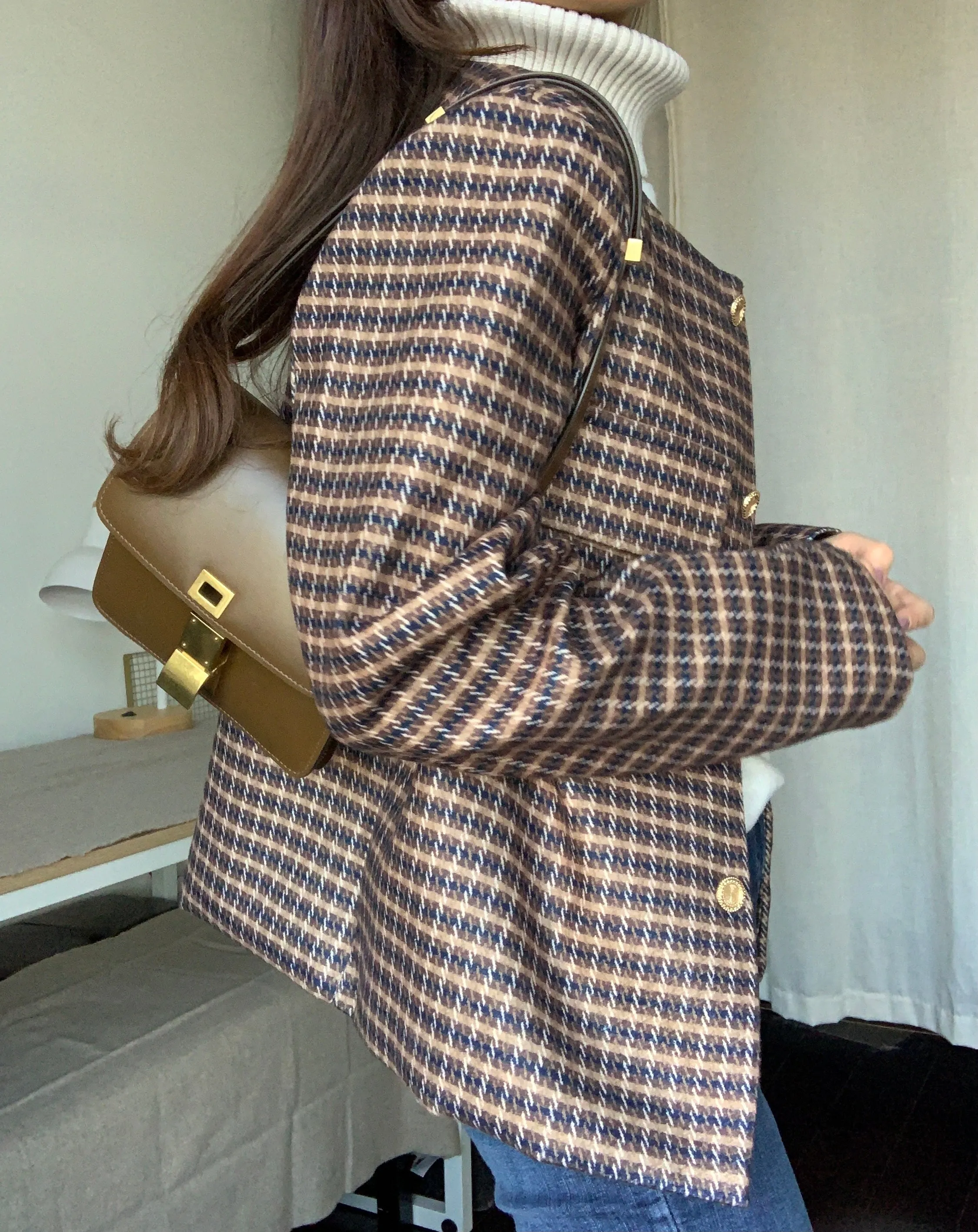 [Korean Style] Afia Collarless Check Patterned Cropped Jacket