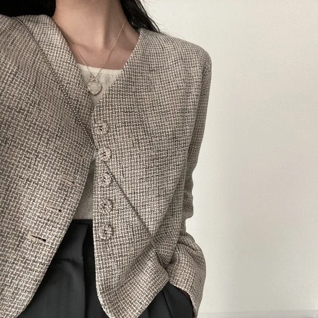 [Korean Style] Collarless Cropped Blazer Jacket