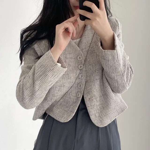 [Korean Style] Collarless Cropped Blazer Jacket