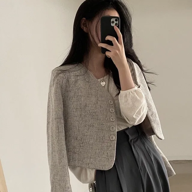 [Korean Style] Collarless Cropped Blazer Jacket