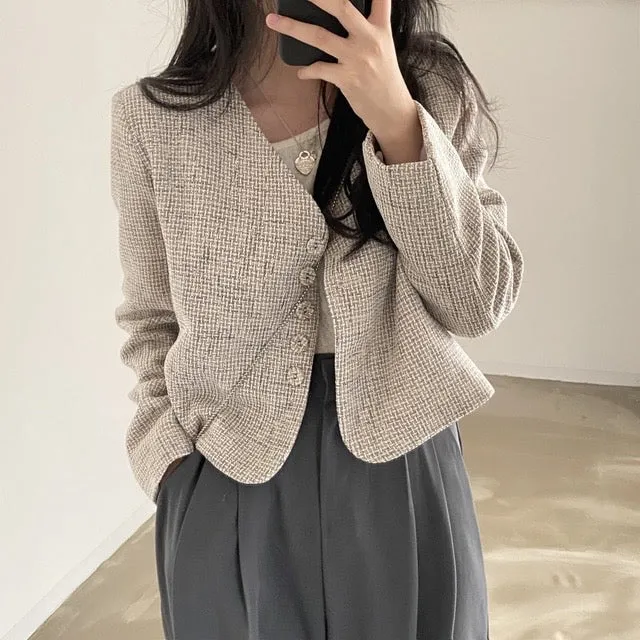 [Korean Style] Collarless Cropped Blazer Jacket