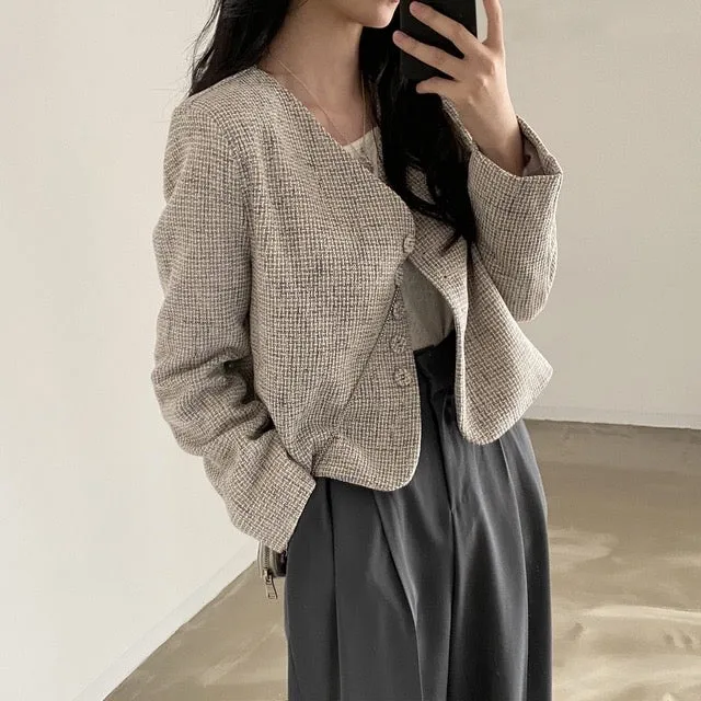 [Korean Style] Collarless Cropped Blazer Jacket