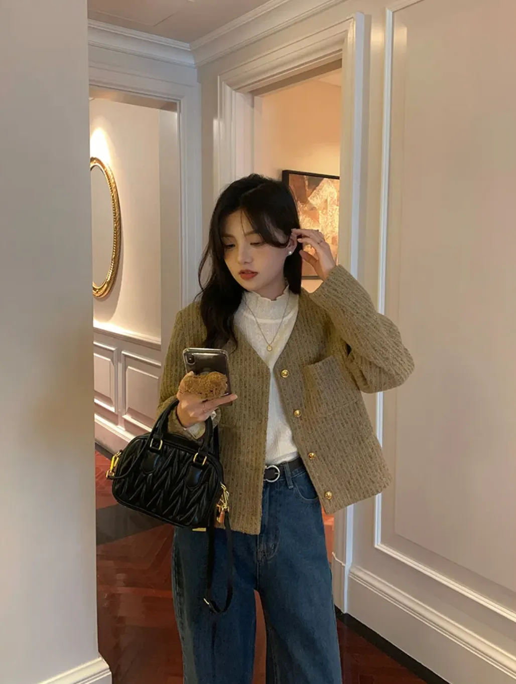 [Korean Style] Khaki Loose Fit Cropped Collarless Jacket