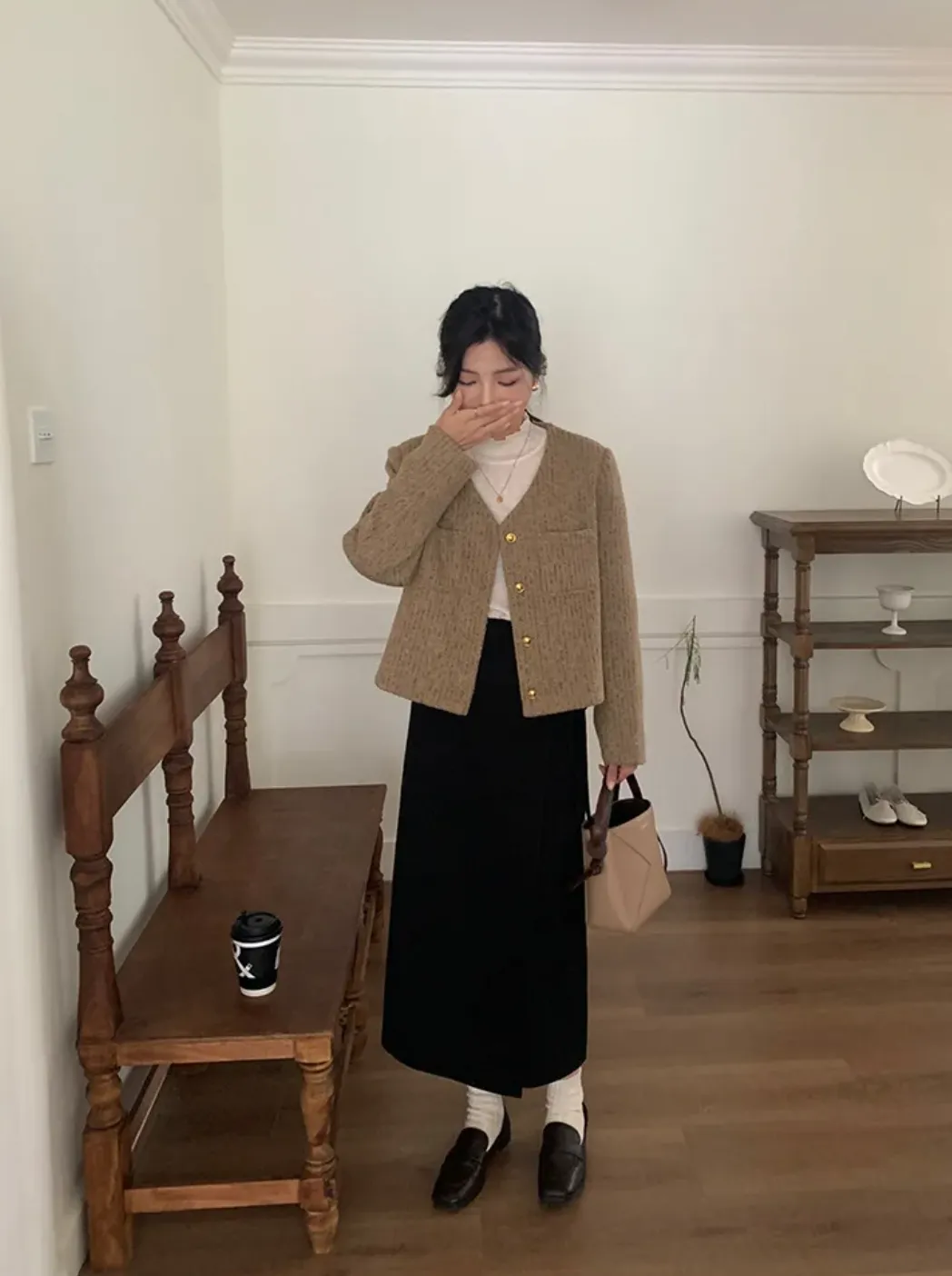 [Korean Style] Khaki Loose Fit Cropped Collarless Jacket