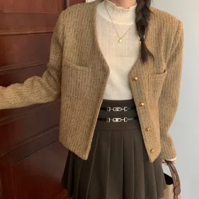 [Korean Style] Khaki Loose Fit Cropped Collarless Jacket