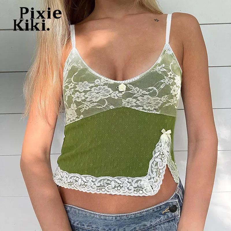 Lace Spliced Camisole Soft Girl Aesthetic V Neck Side Split Crop Top Y2k 2000s Ladies Tops New Arrival 2024 P84-CZ10