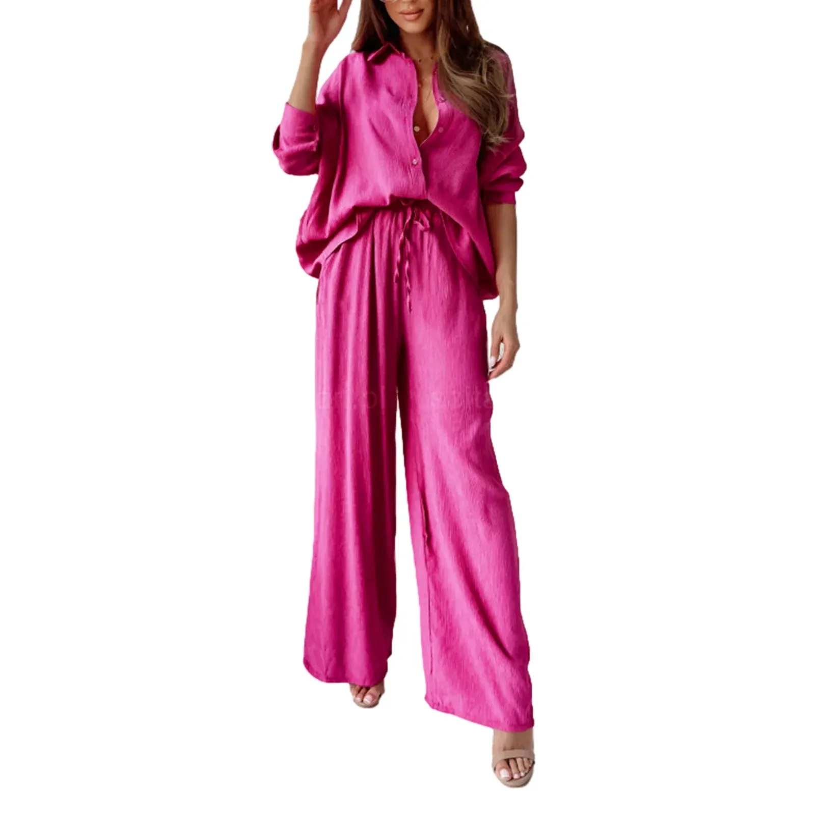 Lapel Button Down Long Sleeved High Waist Long Pants Streetwear Casual Pajamas