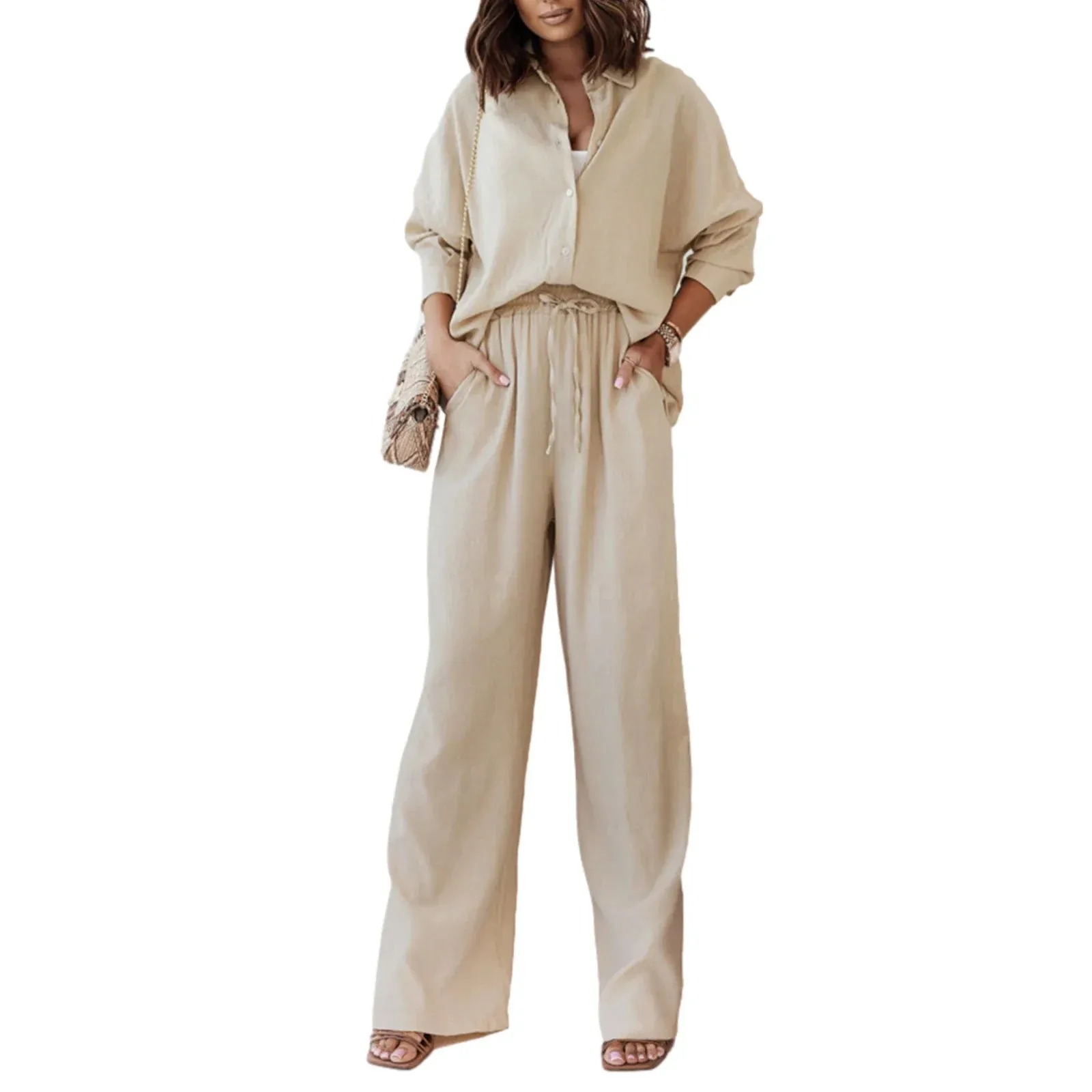 Lapel Button Down Long Sleeved High Waist Long Pants Streetwear Casual Pajamas