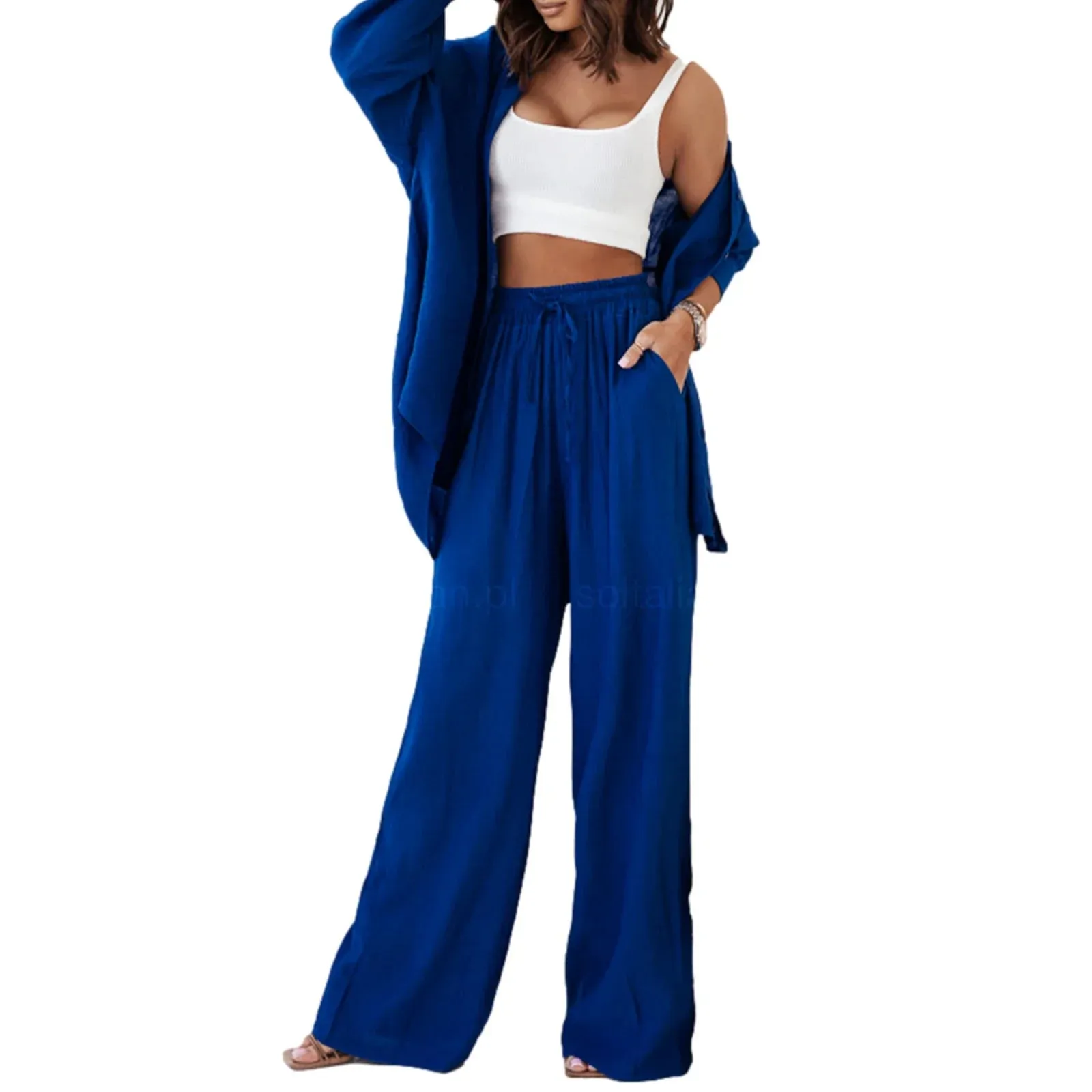 Lapel Button Down Long Sleeved High Waist Long Pants Streetwear Casual Pajamas