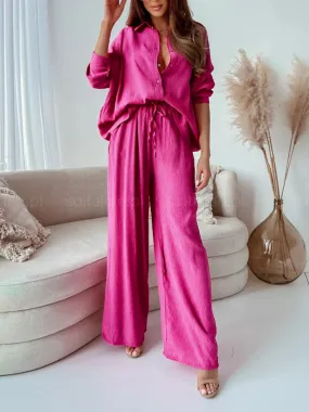 Lapel Button Down Long Sleeved High Waist Long Pants Streetwear Casual Pajamas