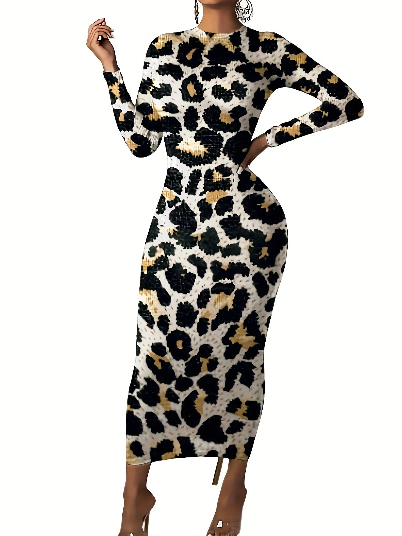 Leopard Print Chic Bodycon Dress - Comfortable Long Sleeve Crew Neck - Flattering Form-Fitting Style - Ideal for Casual Everyday Wear - Womens Fashion