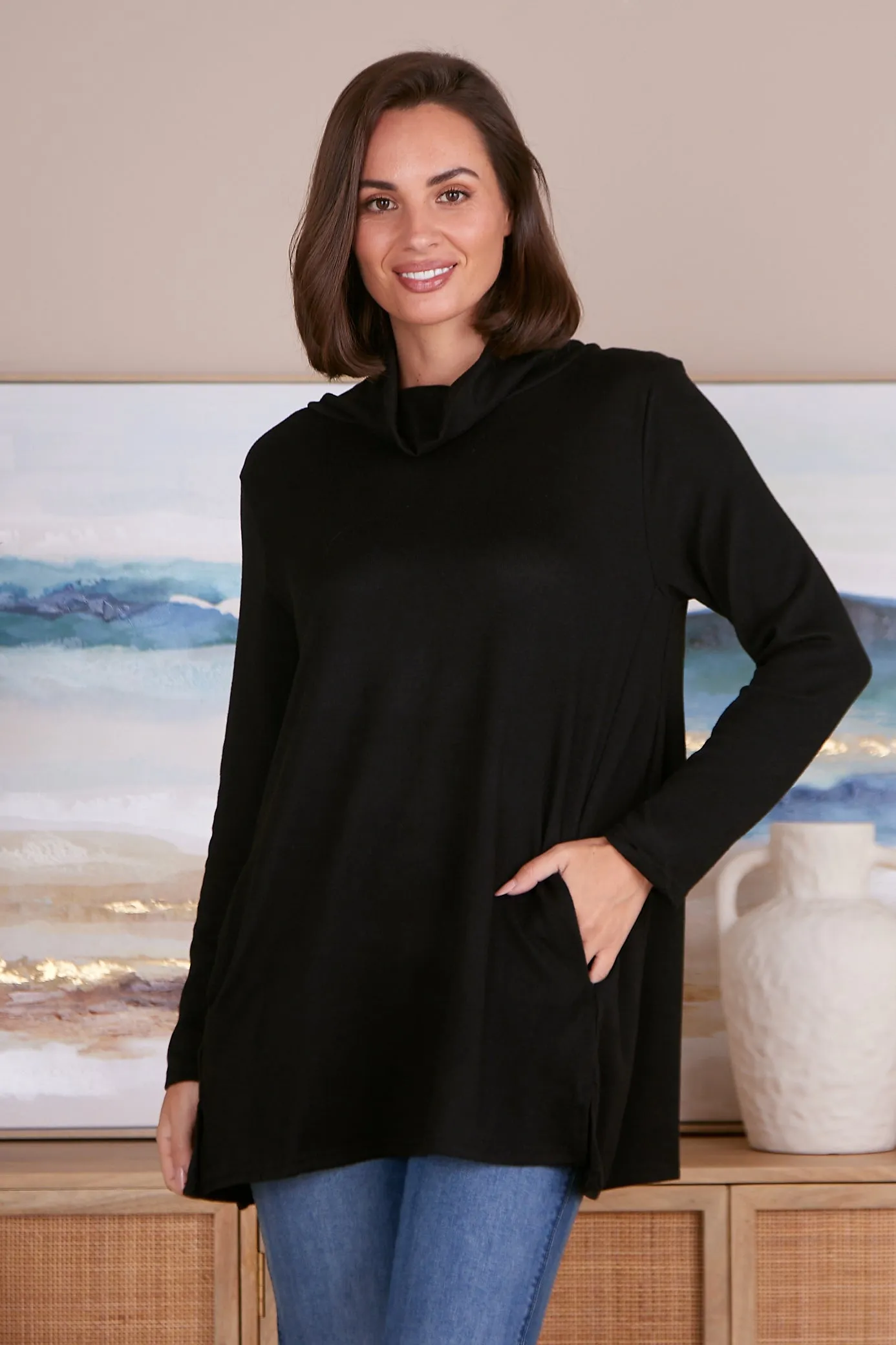 Lina Cowl Knit Tunic - Black