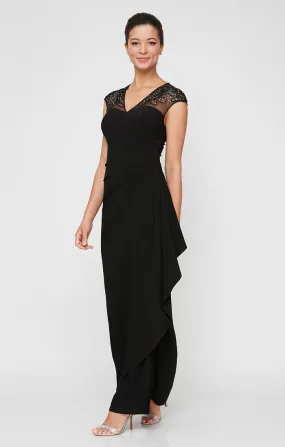 Long Empire Waist Dress with Embellished and Embroidered Illusion Neckline/Back Detail and Cascade Detail Skirt