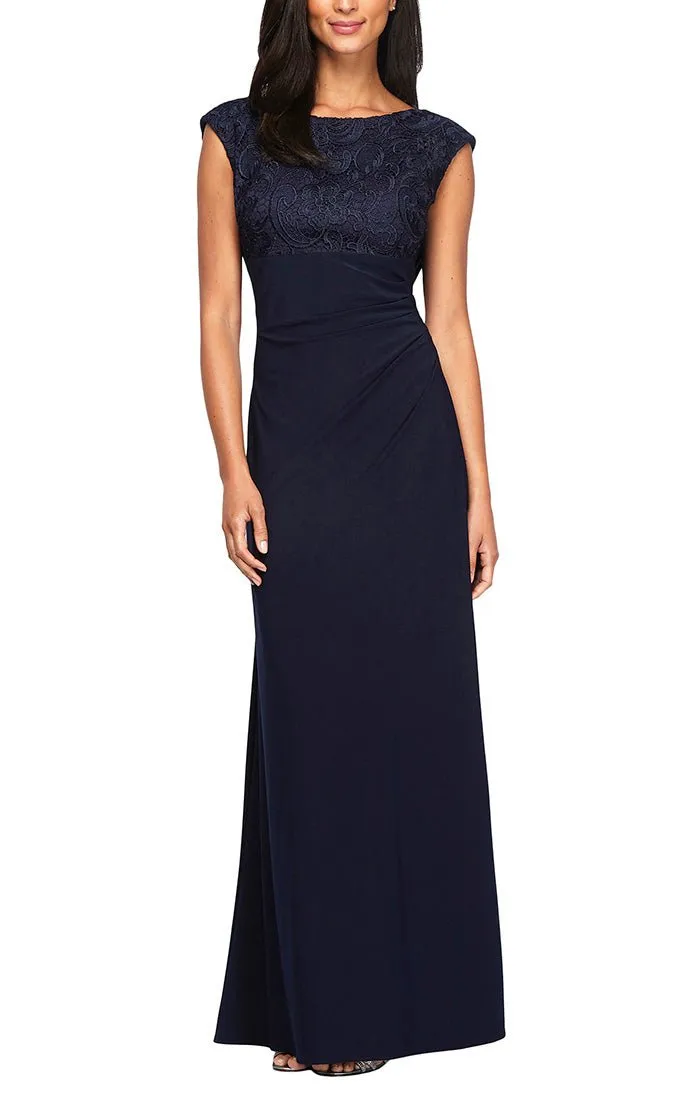 Long Empire Waist Lace and Jersey Gown with Side Ruched Skirt and Cowl Back Detail