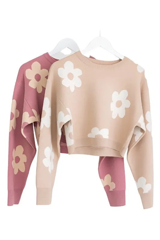 Long Sleeve Crop Sweater with Daisy Pattern