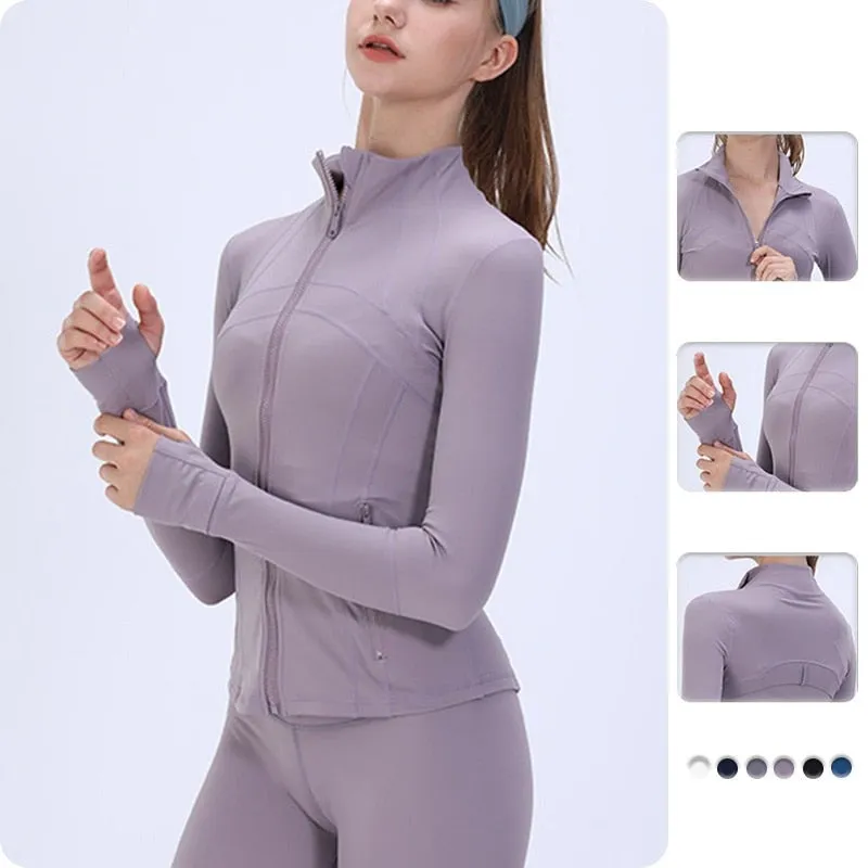 Long Sleeve Sports Jacket Zipper Fitness Fit Lightweight Yoga Shirt Gym Activewear Running Coats with Thumb Holes for Workout